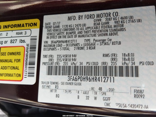46155037 :رقم المزاد ، 3FA6P0H96HR412711 vin ، 2017 Ford Fusion Se مزاد بيع