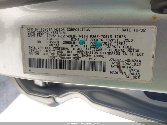 Aukcja sprzedaży 2003 Toyota 4runner Limited V8, vin: JTEBT17R830010267, numer aukcji: 46155041