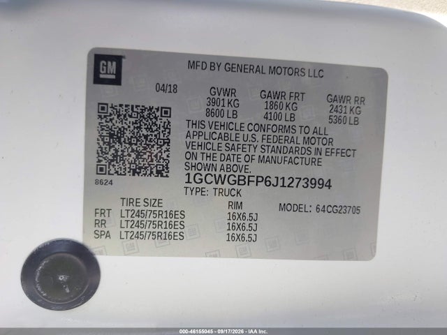Aukcja sprzedaży 2018 Chevrolet Express 2500 Work Van, vin: 1GCWGBFP6J1273994, numer aukcji: 46155045