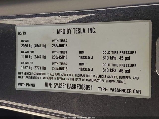 2019 Tesla Model 3 Long Range/mid Range/standard Range/standard Range Plus მანქანა იყიდება აუქციონზე, vin: 5YJ3E1EA8KF308091, აუქციონის ნომერი: 46155049