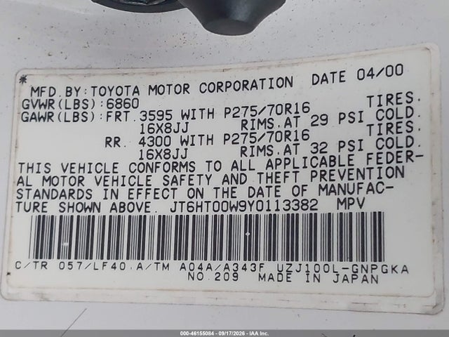 Aukcja sprzedaży 2000 Lexus Lx 470, vin: JT6HT00W9Y0113382, numer aukcji: 46155084