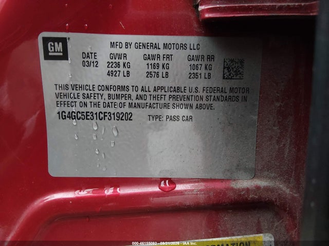 Продаж на аукціоні авто 2012 Buick Lacrosse Leather Group, vin: 1G4GC5E31CF319202, номер лоту: 46155092
