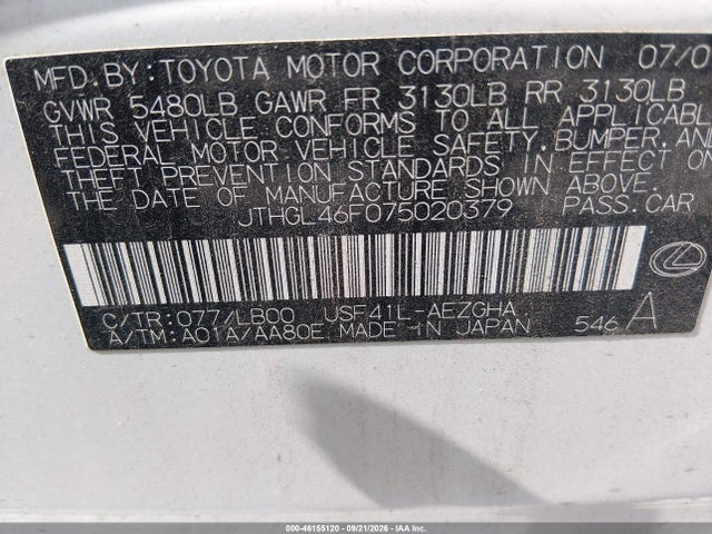 46155120 :رقم المزاد ، JTHGL46F075020379 vin ، 2007 Lexus Ls 460 L مزاد بيع