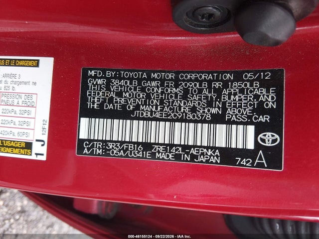 46155124 :رقم المزاد ، JTDBU4EE2C9180378 vin ، 2012 Toyota Corolla Le مزاد بيع