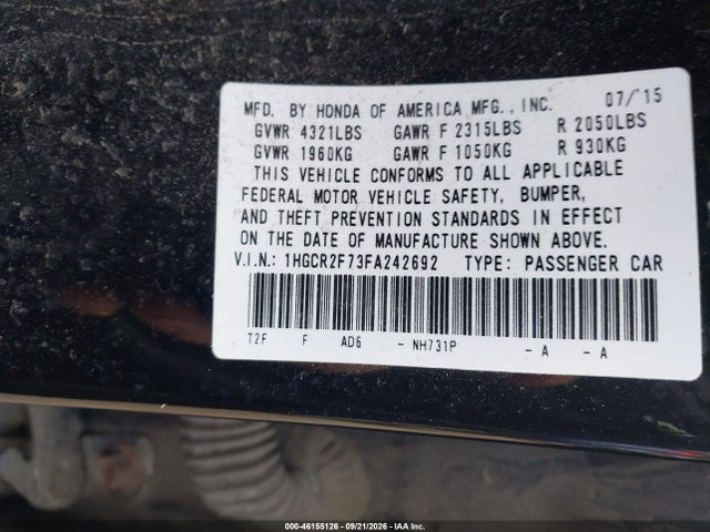 Honda ACCORD EX 2015 1HGCR2F73FA242692 Image 9