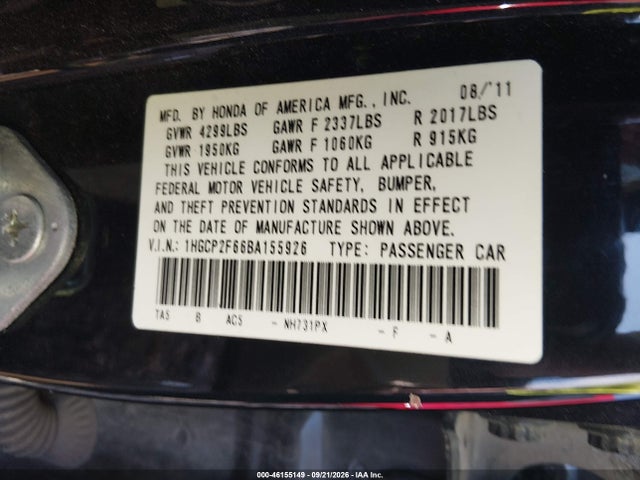 Продажа на аукционе авто 2011 Honda Accord 2.4 Se, vin: 1HGCP2F66BA155926, номер лота: 46155149