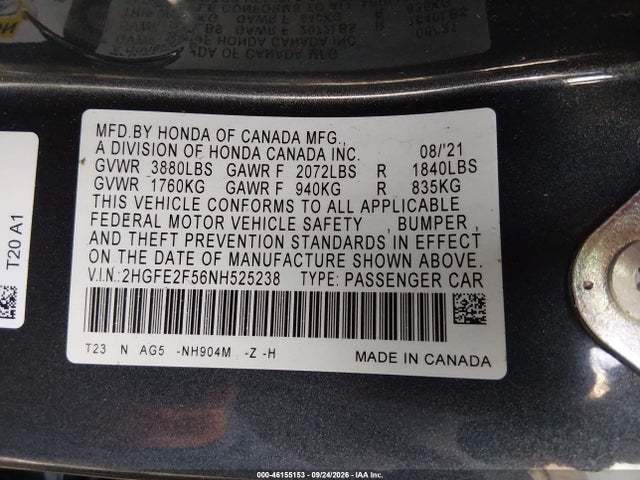 2HGFE2F56NH525238 Honda Civic Sport