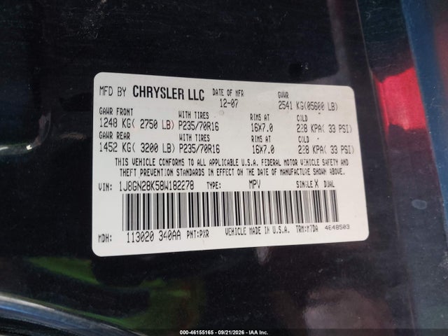 2008 Jeep Liberty Sport მანქანა იყიდება აუქციონზე, vin: 1J8GN28K58W182278, აუქციონის ნომერი: 46155165
