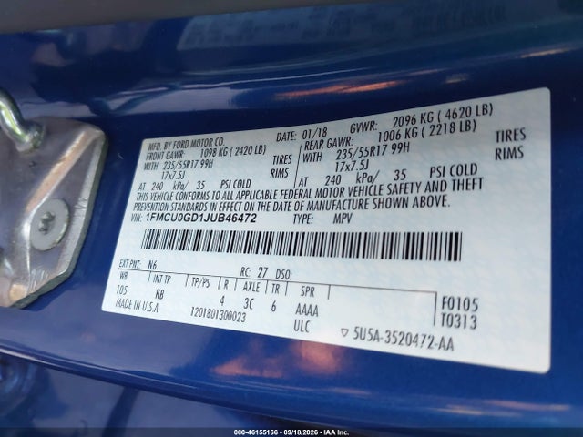 Продажа на аукционе авто 2018 Ford Escape Se, vin: 1FMCU0GD1JUB46472, номер лота: 46155166