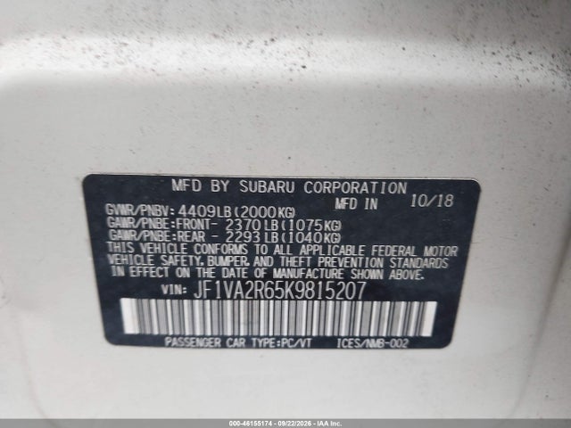 Продажа на аукционе авто 2019 Subaru Wrx Sti, vin: JF1VA2R65K9815207, номер лота: 46155174