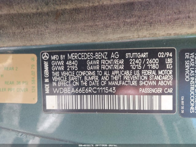 Auction sale of the 1994 Mercedes-benz E 320, vin: WDBEA66E6RC111543, lot number: 46155176