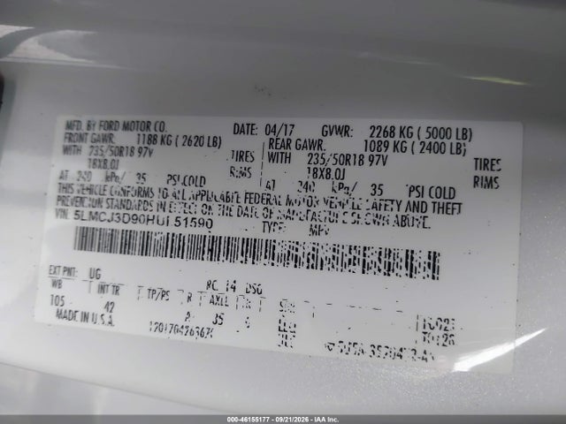 Продажа на аукционе авто 2017 Lincoln Mkc Reserve, vin: 5LMCJ3D90HUL51590, номер лота: 46155177