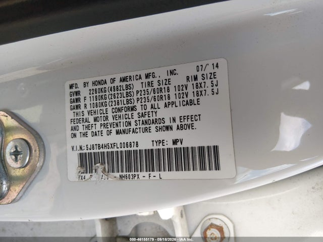 2015 Acura Rdx მანქანა იყიდება აუქციონზე, vin: 5J8TB4H5XFL006878, აუქციონის ნომერი: 46155179