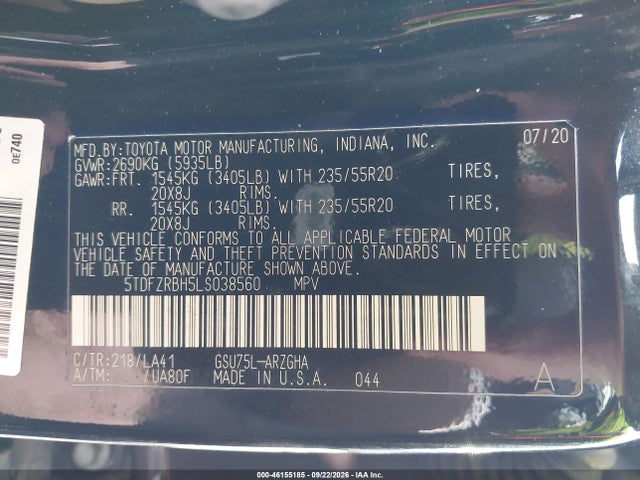 Aukcja sprzedaży 2020 Toyota Highlander Platinum, vin: 5TDFZRBH5LS038560, numer aukcji: 46155185