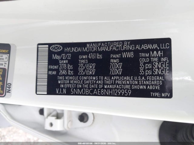 46155186 :رقم المزاد ، 5NMJBCAE8NH129959 vin ، 2022 Hyundai Tucson Sel مزاد بيع