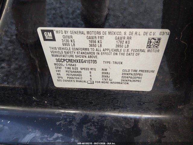 Продажа на аукционе авто 2014 Chevrolet Silverado 1500 1lt, vin: 3GCPCREHXEG410705, номер лота: 46155210