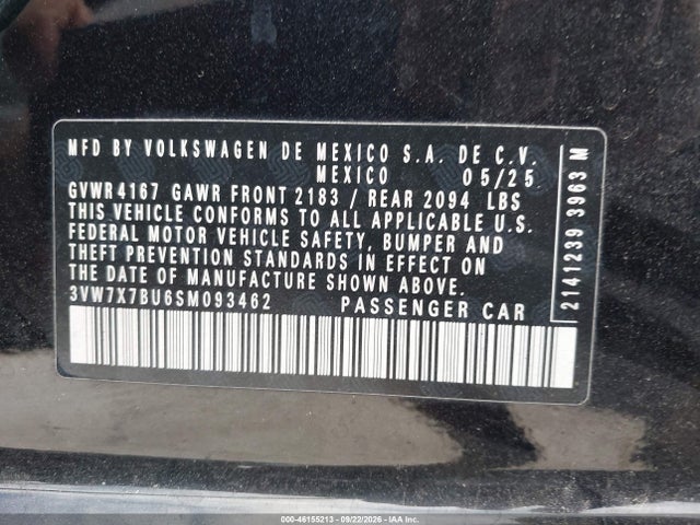 2025 Volkswagen Jetta 1.5t Se მანქანა იყიდება აუქციონზე, vin: 3VW7X7BU6SM093462, აუქციონის ნომერი: 46155213