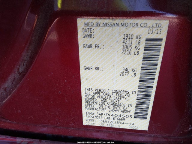 Aukcja sprzedaży 2015 Nissan Altima 2.5 S, vin: 1N4AL3AP7FN404505, numer aukcji: 46155219