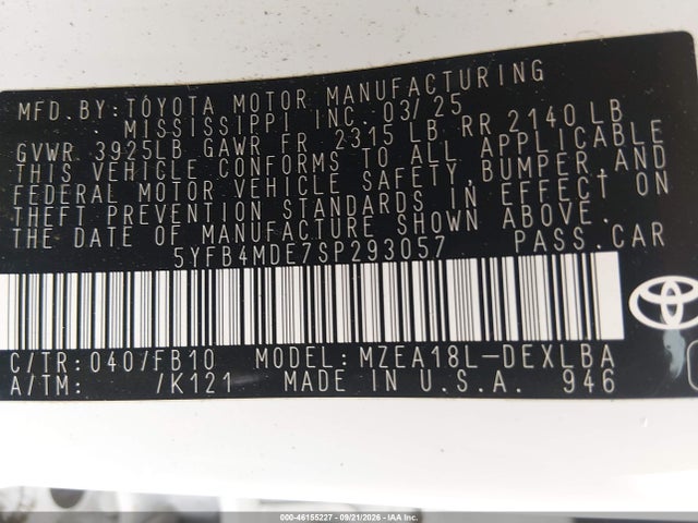 46155227 :رقم المزاد ، 5YFB4MDE7SP293057 vin ، 2025 Toyota Corolla Le مزاد بيع