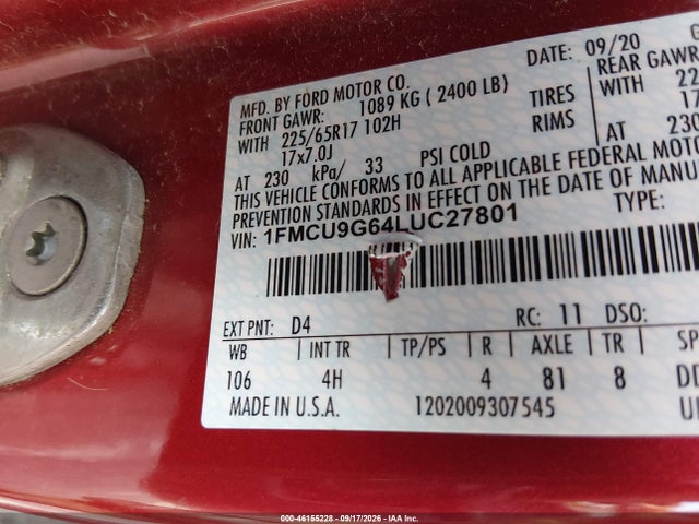 Продажа на аукционе авто 2020 Ford Escape Se, vin: 1FMCU9G64LUC27801, номер лота: 46155228