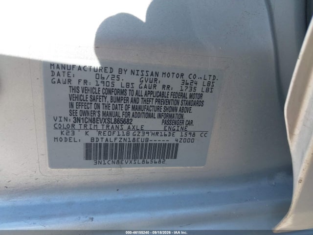 46155240 :رقم المزاد ، 3N1CN8EVXSL865682 vin ، 2025 Nissan Versa 1.6 Sv مزاد بيع