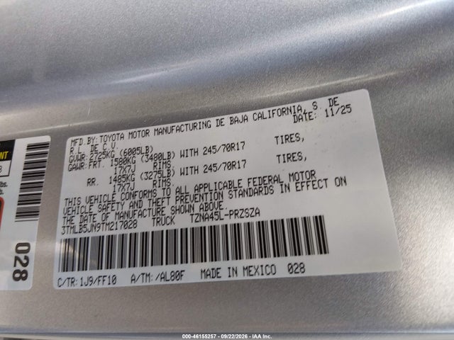 Продаж на аукціоні авто 2026 Toyota Tacoma Sr5, vin: 3TMLB5JN9TM217028, номер лоту: 46155257