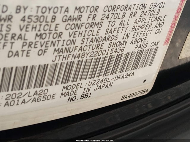 2002 Lexus Sc 430 მანქანა იყიდება აუქციონზე, vin: JTHFN48Y220015436, აუქციონის ნომერი: 46155273