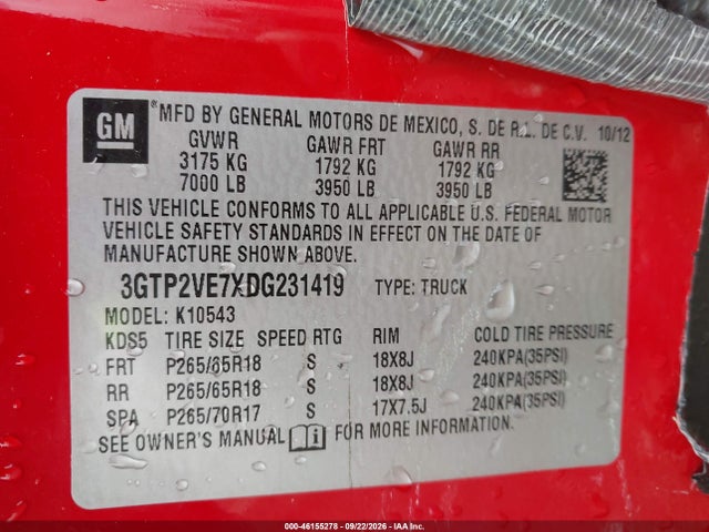 46155278 :رقم المزاد ، 3GTP2VE7XDG231419 vin ، 2013 Gmc Sierra 1500 Sle مزاد بيع