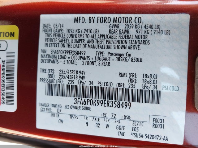 Продажа на аукционе авто 2014 Ford Fusion Titanium, vin: 3FA6P0K99ER358499, номер лота: 46155301