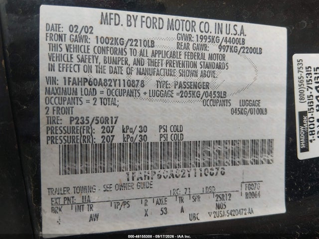 2002 Ford Thunderbird მანქანა იყიდება აუქციონზე, vin: 1FAHP60A82Y110878, აუქციონის ნომერი: 46155308