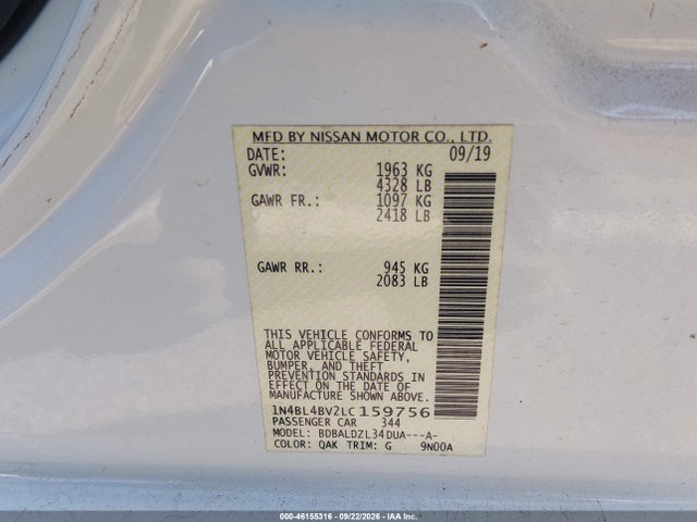Продаж на аукціоні авто 2020 Nissan Altima S Fwd, vin: 1N4BL4BV2LC159756, номер лоту: 46155316