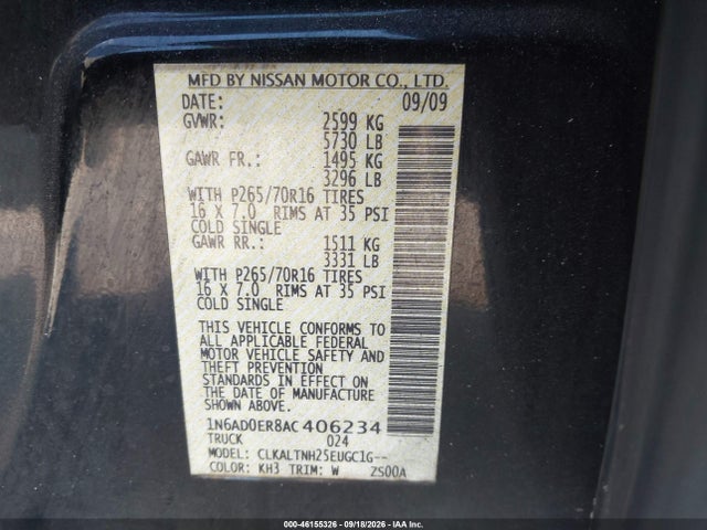 46155326 :رقم المزاد ، 1N6AD0ER8AC406234 vin ، 2010 Nissan Frontier Se مزاد بيع