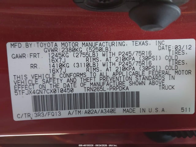 46155328 :رقم المزاد ، 5TFJX4GN7CX010450 vin ، 2012 Toyota Tacoma Prerunner مزاد بيع