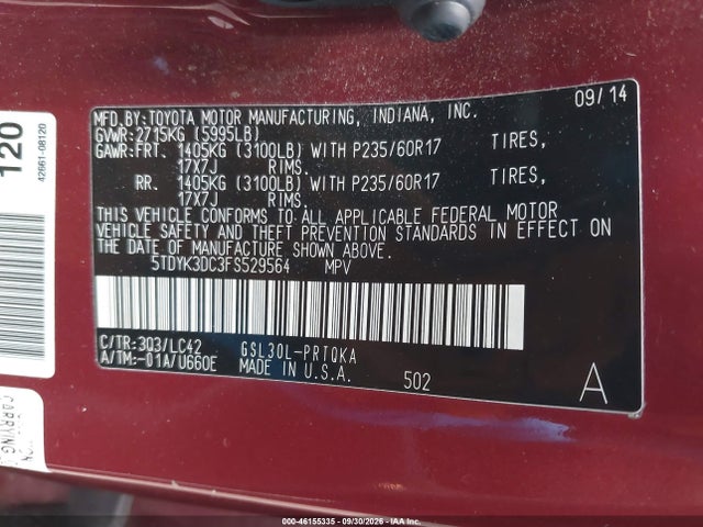 46155335 :رقم المزاد ، 5TDYK3DC3FS529564 vin ، 2015 Toyota Sienna Xle 8 Passenger مزاد بيع