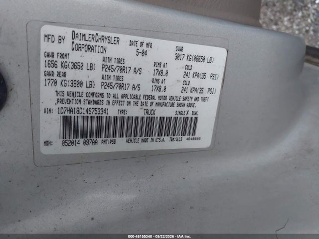 Aukcja sprzedaży 2004 Dodge Ram 1500 Slt/laramie, vin: 1D7HA18D14S753341, numer aukcji: 46155340