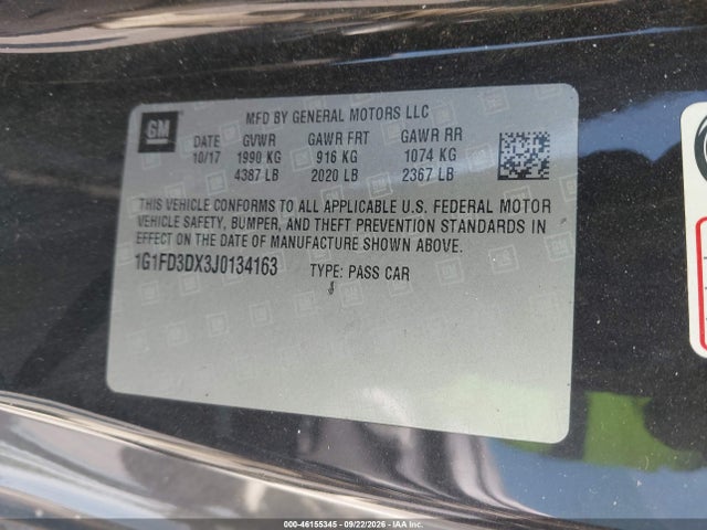 46155345 :رقم المزاد ، 1G1FD3DX3J0134163 vin ، 2018 Chevrolet Camaro 2lt مزاد بيع