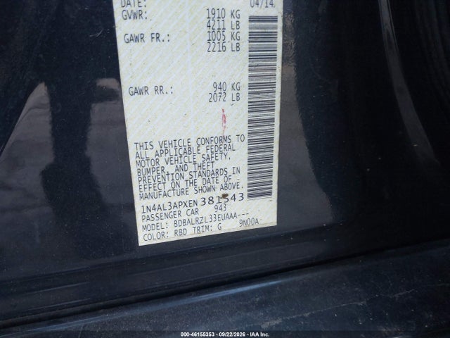 Продажа на аукционе авто 2014 Nissan Altima 2.5/2.5 S/2.5 Sl/2.5 Sv, vin: 1N4AL3APXEN381543, номер лота: 46155353