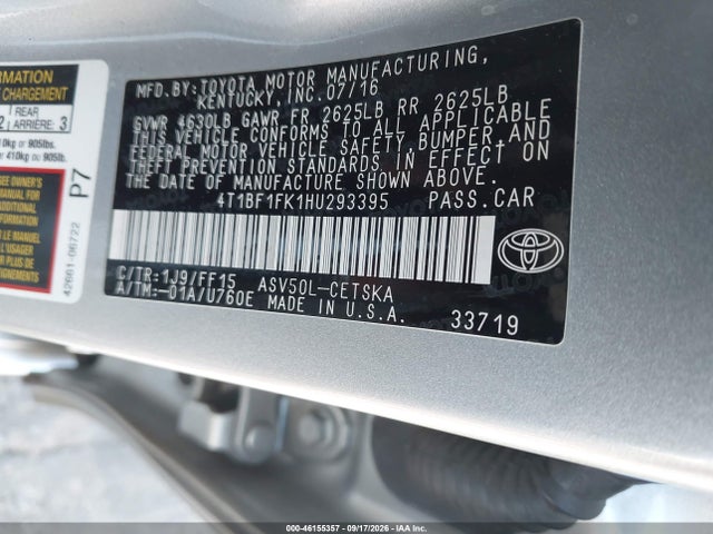Продажа на аукционе авто 2017 Toyota Camry Se, vin: 4T1BF1FK1HU293395, номер лота: 46155357