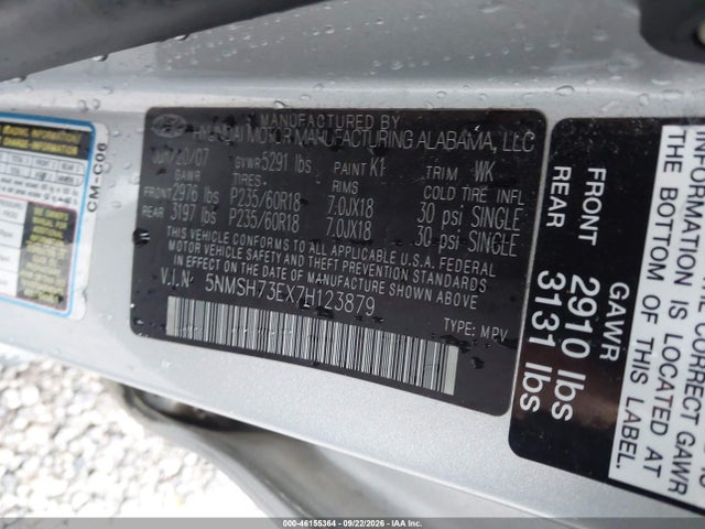 Продаж на аукціоні авто 2007 Hyundai Santa Fe Limited/se, vin: 5NMSH73EX7H123879, номер лоту: 46155364