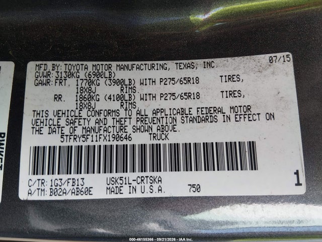 Aukcja sprzedaży 2015 Toyota Tundra Sr5 5.7l V8, vin: 5TFRY5F11FX190646, numer aukcji: 46155366