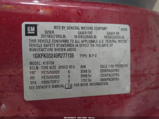 46155370 :رقم المزاد ، 1GKFK03249R277135 vin ، 2009 Gmc Yukon Denali مزاد بيع