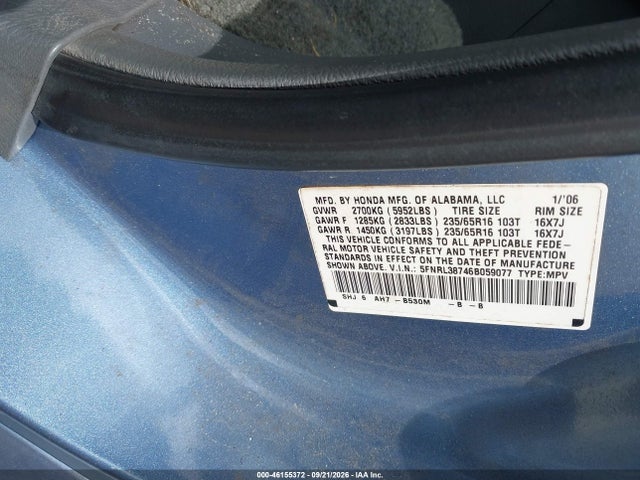 2006 Honda Odyssey Ex-l მანქანა იყიდება აუქციონზე, vin: 5FNRL38746B059077, აუქციონის ნომერი: 46155372