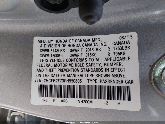 46155373 :رقم المزاد ، 2HGFB2F73FH550805 vin ، 2015 Honda Civic Se مزاد بيع