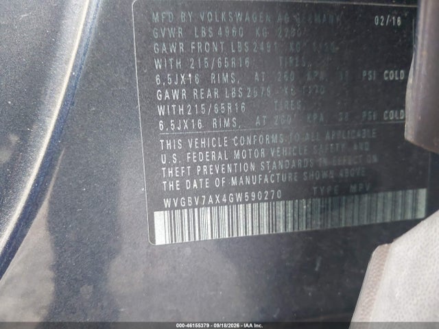Продажа на аукционе авто 2016 Volkswagen Tiguan S, vin: WVGBV7AX4GW590270, номер лота: 46155379