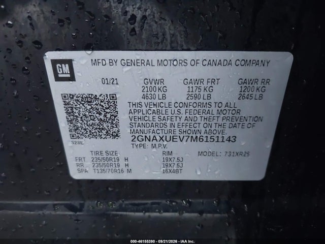 Продажа на аукционе авто 2021 Chevrolet Equinox Awd Lt, vin: 2GNAXUEV7M6151143, номер лота: 46155390