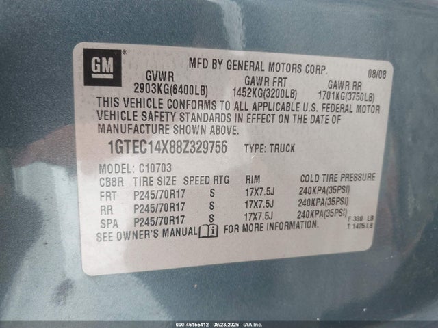 2008 Gmc Sierra 1500 Work Truck მანქანა იყიდება აუქციონზე, vin: 1GTEC14X88Z329756, აუქციონის ნომერი: 46155412