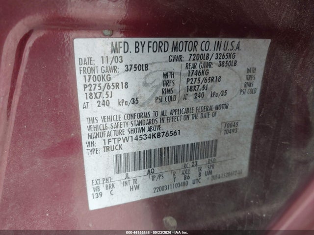 46155448 :رقم المزاد ، 1FTPW14534KB76561 vin ، 2004 Ford F-150 Fx4/lariat/xlt مزاد بيع