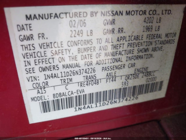2006 Nissan Altima 2.5 S მანქანა იყიდება აუქციონზე, vin: 1N4AL11D26N374226, აუქციონის ნომერი: 46155451