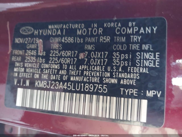 Продаж на аукціоні авто 2020 Hyundai Tucson Se, vin: KM8J23A45LU189755, номер лоту: 46155481