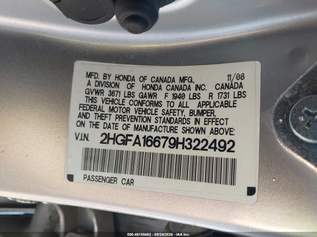 46155482 :رقم المزاد ، 2HGFA16679H322492 vin ، 2009 Honda Civic Lx-s مزاد بيع